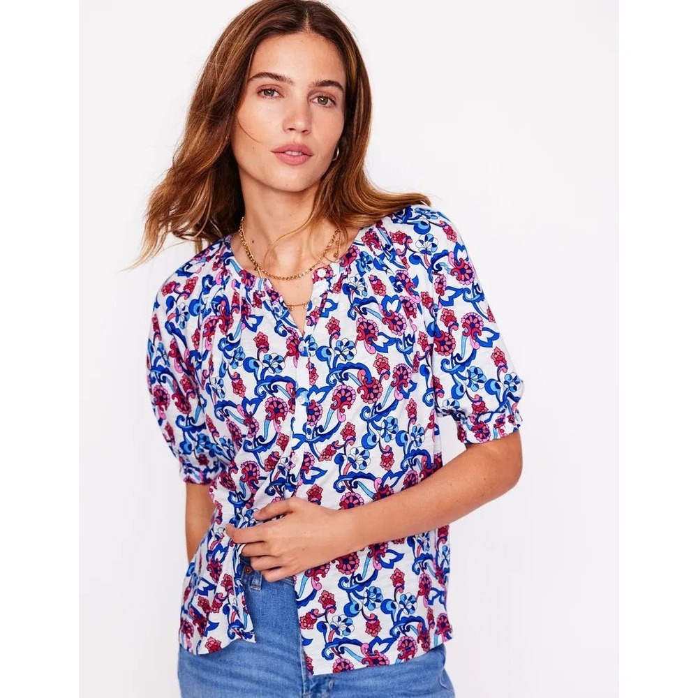 Boden Isla Jersey Shirt Blue Pink Floral Puff Sleeve Top Size 8